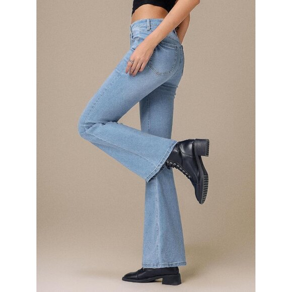 Women Flared Jeans High Waist Stretch Denim Y2K Vintage Distressed Casual - Picture 3 of 8